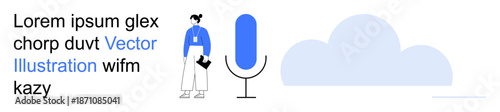 Artificial intelligence, cloud storage, voice recognition, technology integration, speech-to-text, data hosting. Minimalistic woman figure, microphone cloud symbol. Voice recognition and cloud