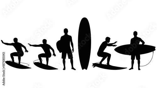 Collection of black silhouettes depicting surfers in various poses and surfboards, isolated on a white background.