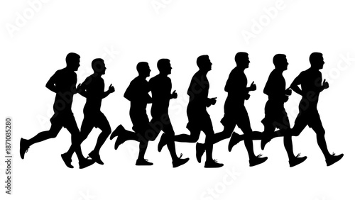 A sequence of black silhouettes depicting male runners in various stages of motion on a clean white background.