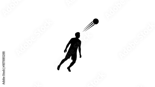 Black silhouette of a soccer player heading a ball with motion lines on a white background, depicting athletic action.