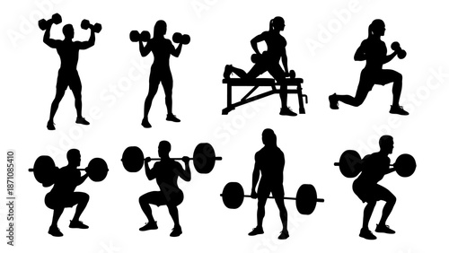 Silhouettes of men and women performing various weightlifting and strength training exercises with dumbbells and barbells.