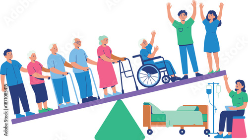 Group of elderly people and medical staff standing on a balance scale with a hospital bed and medical supplies on the other side