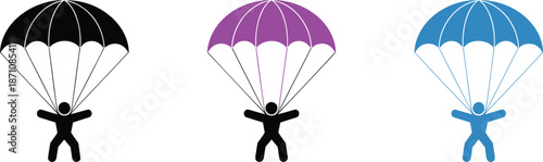 Three Parachutists Silhouettes Black Purple and Blue on White Background vector illustration