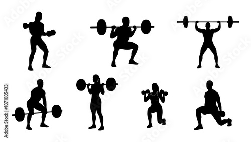 Silhouettes of people performing various weightlifting and strength training exercises with barbells and dumbbells, illustrating fitness and workout routines.