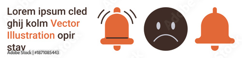 Notifications, alerts, frustration, disappointment, reminders warnings. Sad face between two bell icons. Notifications and alerts concept. Line metaphor. Simple line icons