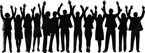 Group of Silhouetted People Raising Their Arms in Celebration Against a White Background silhouettes