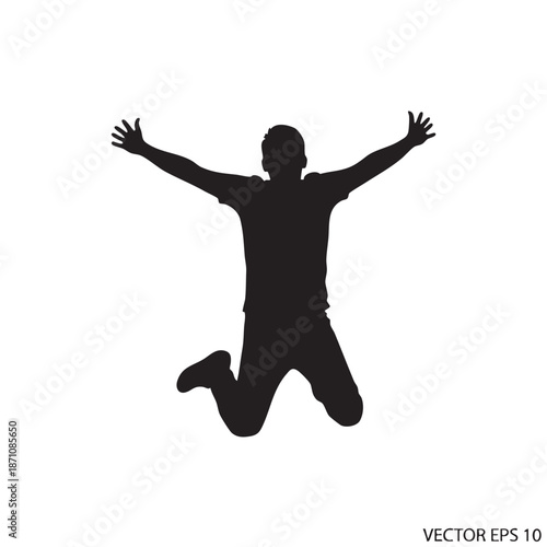 Silhouette of Excited Man Jumping in Air Arms Outstretched Celebrating Success Joyful Expression Freedom Vector Illustration