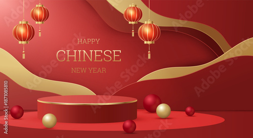 3D vector illustration of red podium with abstract wavy background and hanging lanterns. Concept for happy chinese new year greeting text. Luxury and premium festive holiday design template.