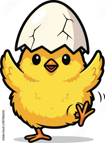 Cute cartoon chick hatching from eggshell with wings spread.