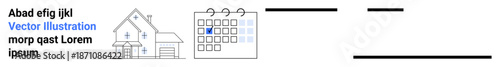 Time management, organization, planning, real estate services, scheduling, productivity tools. Graphic elements include a house and calendar. Time management and organization concept