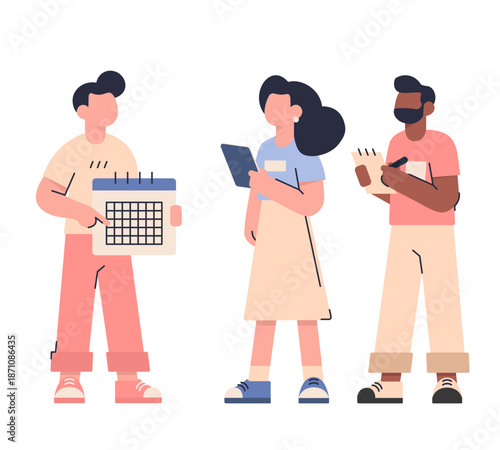 Team scheduling and project planning. Flat vector illustration of three coworkers organizing work and planning deadlines together.