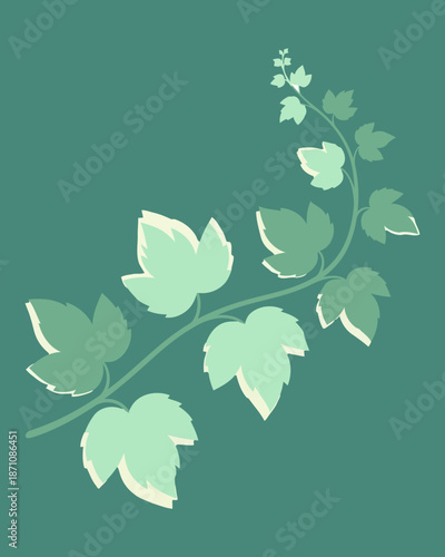 Stylized illustration of a delicate climbing vine with elegantly curved leaves, rendered in muted teal and soft green hues, evoking a sense of organic growth and natural beauty