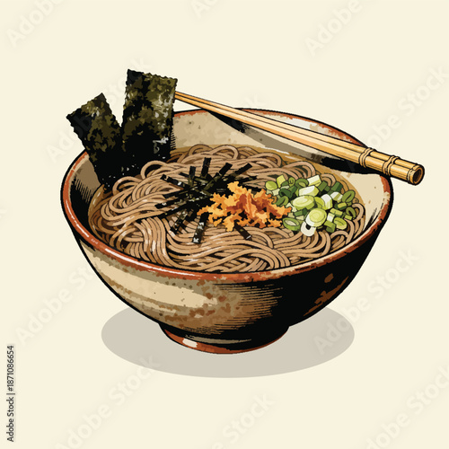 Japanese Soba Noodles in Traditional Bowl with Soy Sauce