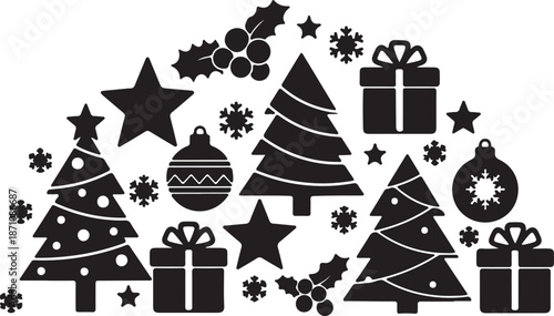 Black and white Christmas-themed with trees stars gifts and ornaments holiday