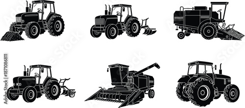 Set of Six Agricultural Machinery Silhouettes Including Tractors Combine Harvesters Plow Tiller Loader and Grain Auger Vector