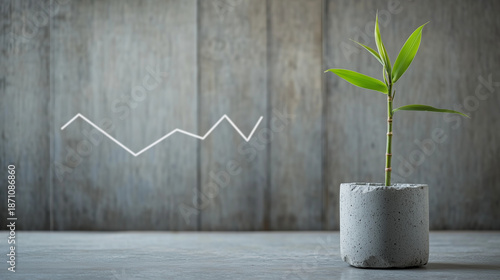 Bamboo Shoot Growing from Stone Crack Beside Upward Trend Chart, Resilient Growth and Natural Metaphor.