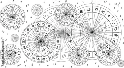 Complex astrology charts collection, zodiac wheels and planetary symbols, esoteric horoscope diagrams, mystical celestial design, black and white vector illustration