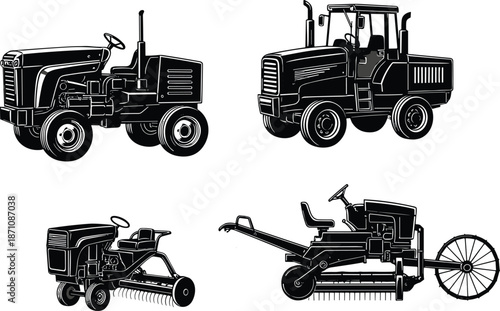 Stylized black and white vector illustration of four types of agricultural machinery used in modern and traditional farming