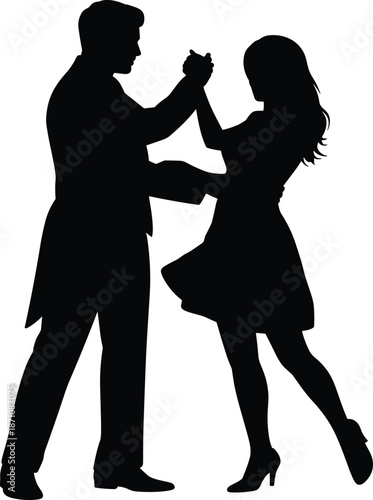 Silhouette of a man and woman bumping fists in a formal setting formal attire