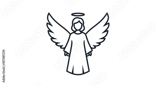 Simple Outline Illustration of an Angel with Wings and Halo.