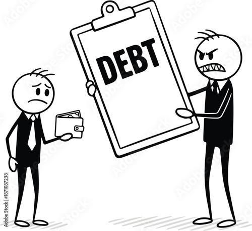 Man Overwhelmed by Debt Collector Illustration.