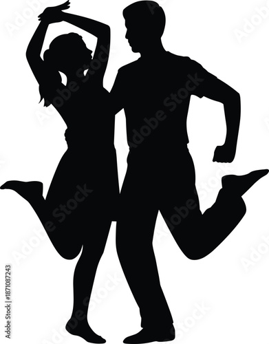 Silhouette of a man and woman dancing closely together in a dynamic pose couple