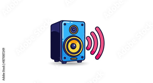 Blue Speaker with Yellow Cone and Sound Waves Emanating.