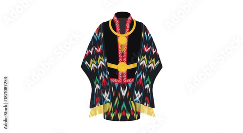 Vibrant Patterned Black Poncho with Intricate Geometric Designs and Fringed Hem.