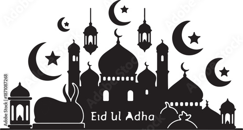 Black and white Eid Ul Adha with mosque domes crescent moons and stars minarets