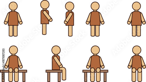 Vector set of wooden mannequin figures in various poses including standing and sitting for art reference, isolated on white background.