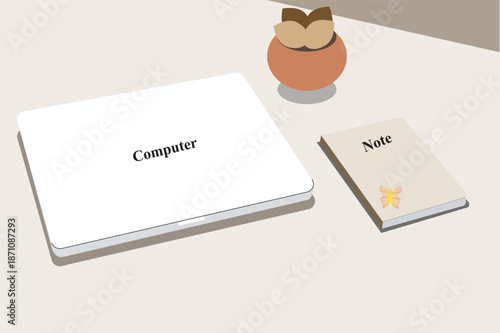 Minimalist workspace illustration with laptop computer, notebook, and potted plant on a desk.