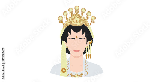 Traditional Asian Woman Illustration with Golden Crown Headdress.
