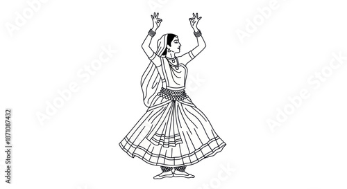 Black and white line art illustration of a woman performing a traditional Indian classical dance.