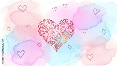 A beautiful filigree heart on a soft watercolor background with floating smaller hearts