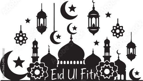 Black and white Eid Ul Fitr with mosque domes crescent moons and stars minarets