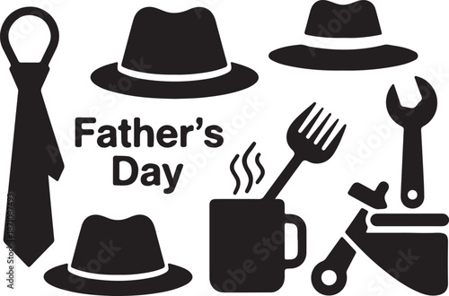Black and white fathers day with hats ties and tools
