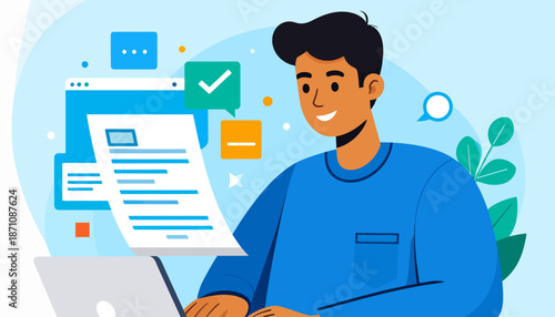 Man Working on Laptop with Floating Paperwork