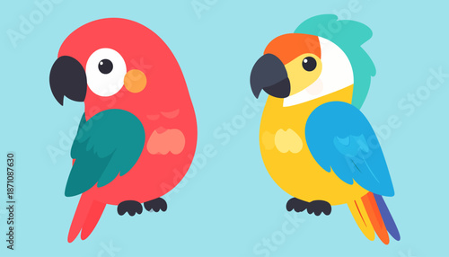 Cute Cartoon Parrots Isolated on Blue Background