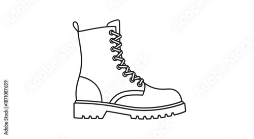 Single Black Outline Combat Boot Line Art Illustration.