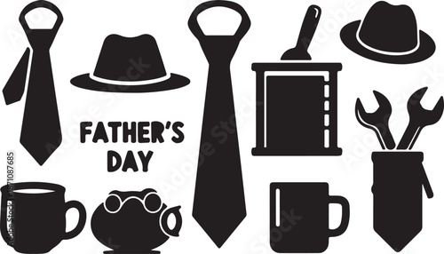 Black and white Father's Day with ties hats mugs and tools