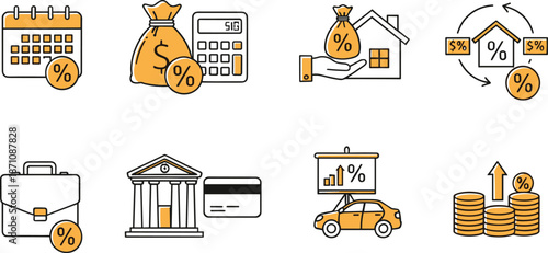 Flat Vector Icon Set for Financial Interest Rates Featuring Mortgage Loans, Banking Services, Investment Growth, Tax Percentages, and Real Estate Property Credit Concepts
