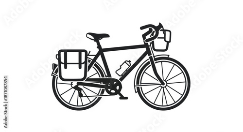 Black and White Touring Bicycle with Panniers and Front Basket Illustration.
