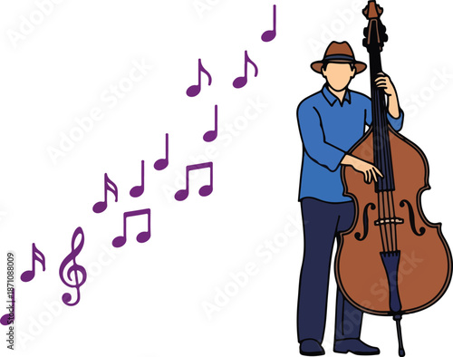 Man with Double Bass and Musical Notes.