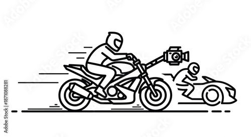 Line Art Motorcycle Rider with Camera Racing Car Illustration.