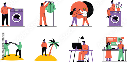 Flat Style Lifestyle Vector Illustration Set Featuring Laundry Service, Office Work, Island Vacation, and Couple High Five Concept for Modern Web and App Design