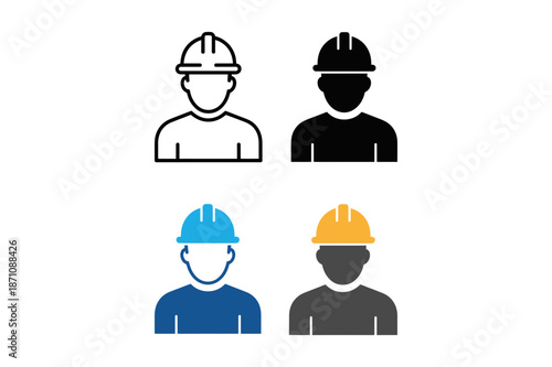 A set of four construction worker icons in different colors and styles