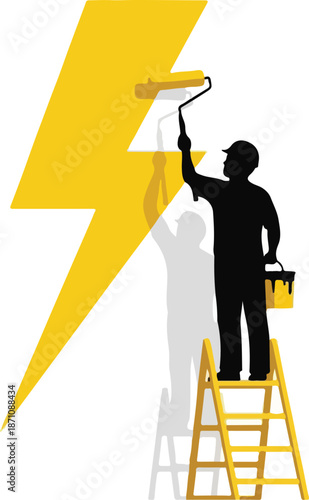Painter silhouette painting a yellow lightning bolt.
