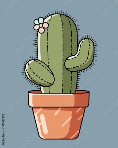 A cute potted cactus with a pink flower on its head, isolated on a plain blue background, perfect for adding a touch of desert charm to your projects