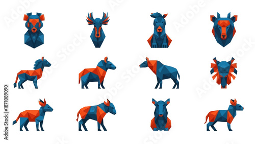 Geometric Animal Icons Set: Low Poly Style, Blue and Orange