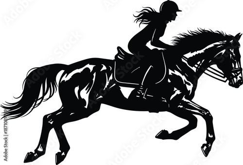 Woman riding horse silhouette illustration, equestrian sport action, powerful galloping stallion, dynamic outdoor adventure, black and white vector art